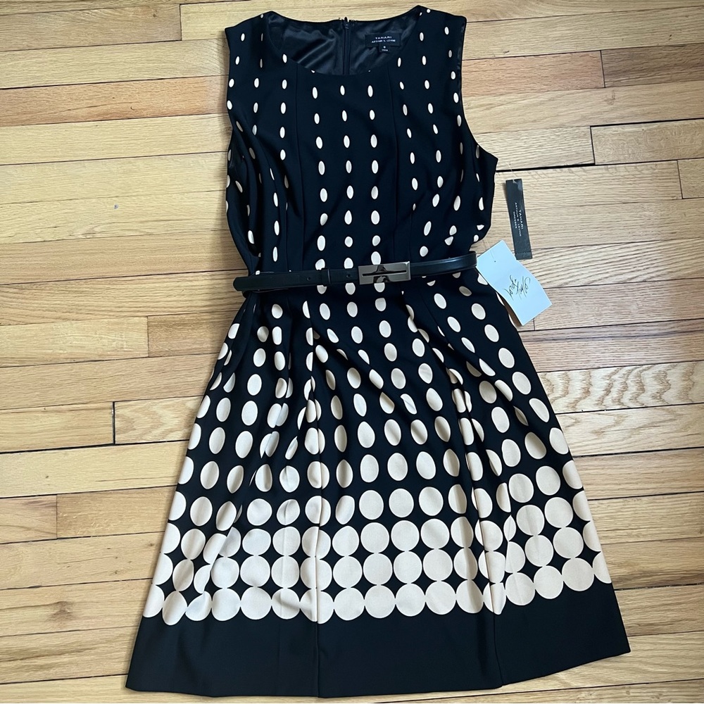NWT SIZE 8 Tahari Black and Beige polka dot sleeveless dress with fashion belt